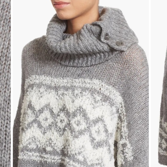 Free People Fair Isle Cowl Neck Chunky Wool Blend Gray Oversized Sweater Small - Picture 3 of 15